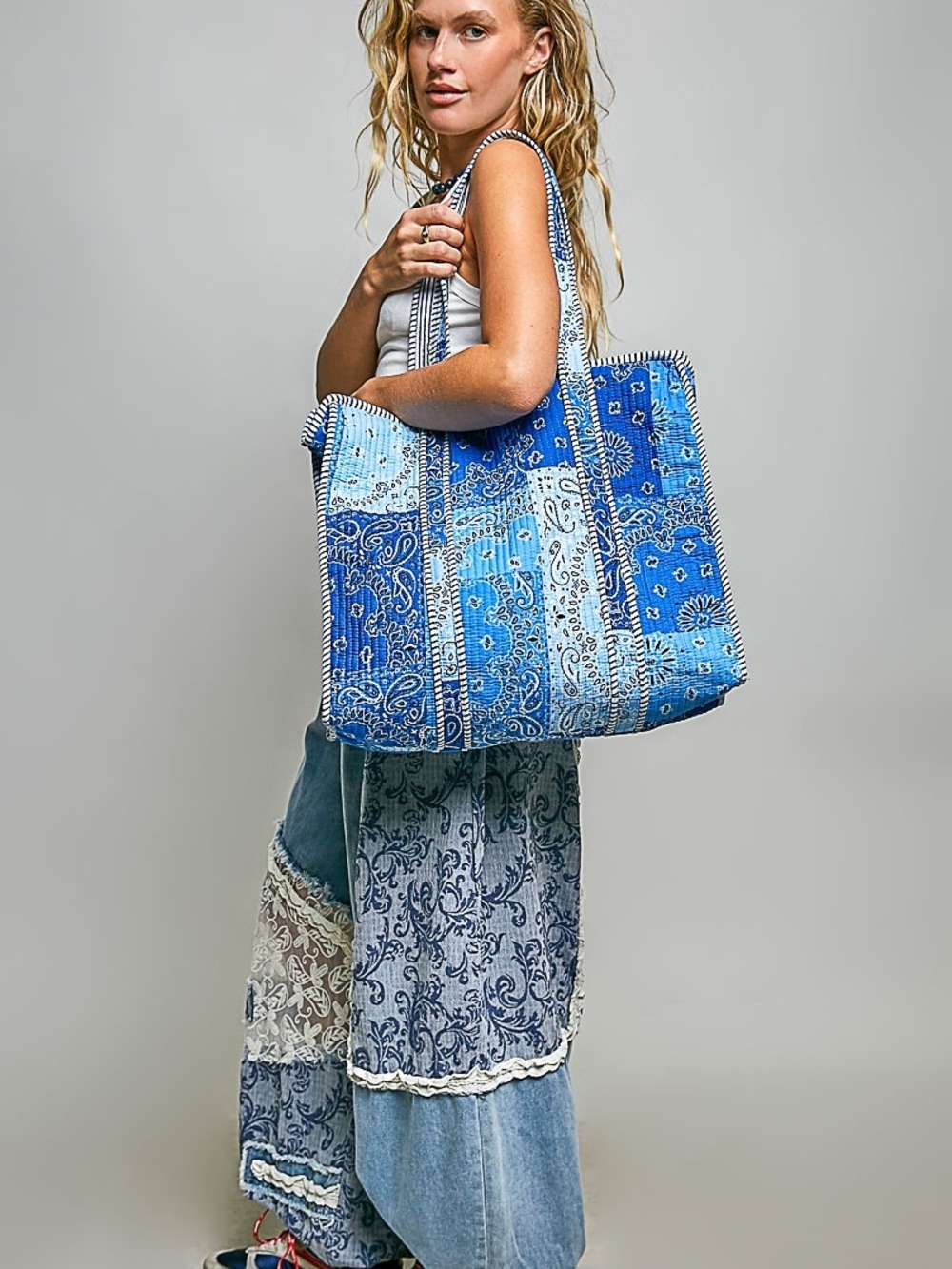 POL Blue Patchwork Paisley Tote Bag - Women's Shoulder Bag - Picture 3 of 10